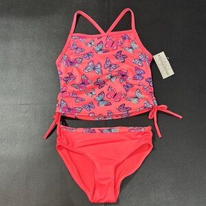 Bobbie Brooks 2 pc. bikini,butterfly pattern, Tie ruched hip, X back top